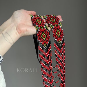 Red long Necklace Gerdan Beaded necklace Ukrainian necklace bead Beadwork necklace Statement necklace Geometric beaded necklace