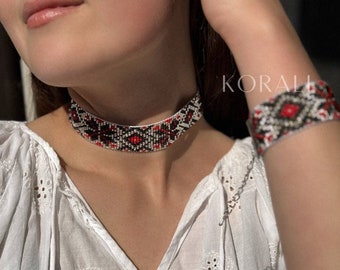 Silver and red necklace set Beaded collar Silyanka Seed bead gerdan black  necklace Ukrainian jewelry vyshyvanka Evening necklace Bohemian