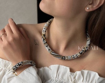 Necklace set Beaded collar Silyanka Seed bead gerdan black  necklace Ukrainian jewelry vyshyvanka Evening necklace Bohemian black and grey