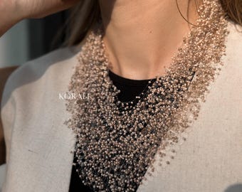 Handmade Beige Beaded Necklace, Crochet Boho Necklace, Lightweight Air Necklace, Statement Fiber Jewelry, Unique Artisan Gift
