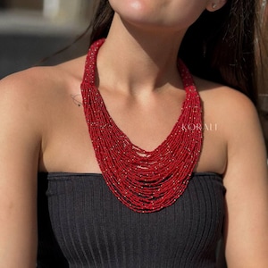 Red Seed Bead Necklace: Chunky Multi-Strand Bib Necklace