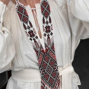 Long neck necklace in red color, geometric pattern, gherdan in Ukrainian style, boho style, ethnic style