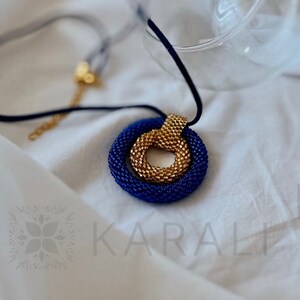Beaded necklace, blue-yellow color, handmade beaded pendant, possible order in other colors