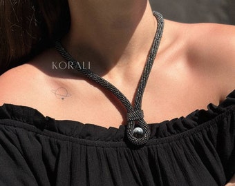 Handmade Black Bead Crochet Necklace with Stone