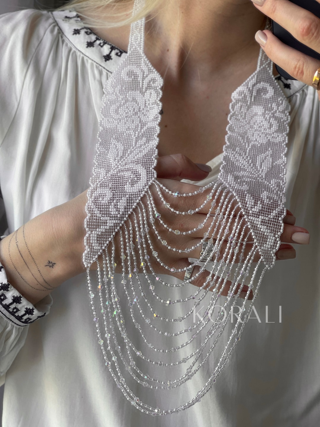 Long White & Clear Beaded Necklace with Large Hammered Silver Flower Pendant main image 0