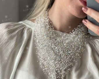 Handmade White Beaded Crochet Necklace, Airy Boho Statement Jewelry, Lightweight Beaded Collar, Delicate Seed Bead Necklace, Minimalist
