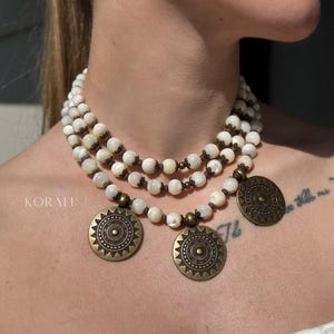 Mother of Pearl Brass Pendant Necklace: Boho Statement Jewelry