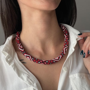 Rope necklace Beaded necklace Bead crochet necklace Crochet Rope exclusive necklace Red and black necklace long necklace