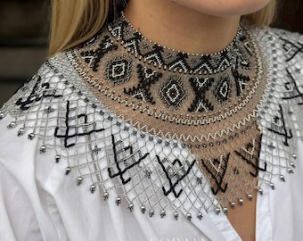 Ukrainian style beaded necklace, beaded necklace, gift for mom, ethnic necklace, African style black necklace, black and silver