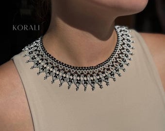 Black silver necklace Beaded collar Silyanka Seed bead gerdan gray  necklace Ukrainian jewelry vyshyvanka Evening necklace Bohemian