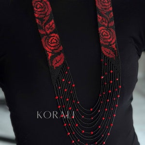 Red and black long Necklace Gerdan Beaded necklace Ukrainian beaded necklace with rose gift for mother Ukrainian style