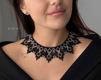 Black and silver necklace Beaded collar Seed bead gerdan necklace Ukrainian jewelry vyshyvanka Evening Bohemianin