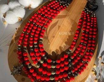 Necklace made of natural coral zgarda Red with bronze Traditional Ukrainian etno necklace Folk Handmade  Gift for her mom