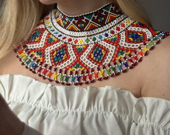 Sylyanka Necklace African Style Czech Beads, Lemko Beaded Collar Necklace Multicolor, Wide Folk Statement Necklace, Handwoven Beadwork Gift