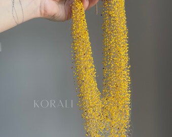 Yellow Beaded Necklace, Multi Strand Statement Necklace, Handmade Gold Accent Jewelry, Adjustable Boho Necklace for Women