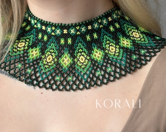 Joyas verdes y negras, collar de cuentas ucranianas en estilo verde, collar étnico, collar colorido.