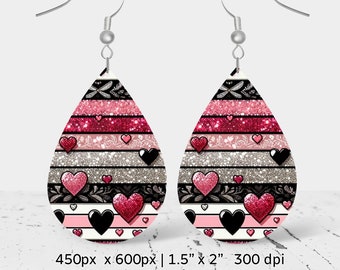 Valentine's Day pink hearts and stripes Sublimation Earring Design, Teardrop Earring design, Instant Digital Download, Commercial Use