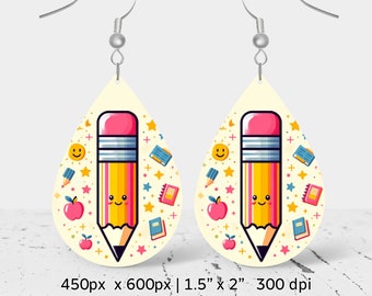 Teacher pencil Sublimation Earring Design, Teardrop Earring Blank design, Instant Digital Download, Commercial Use