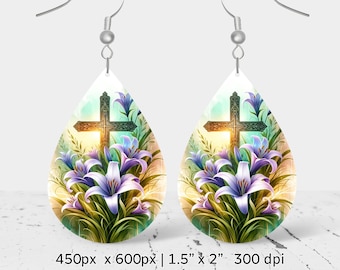 Easter watercolor lilies Sublimation Earring Design, Teardrop Earring Blank design, Instant Digital Download, Commercial Use