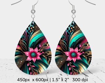 Pink flower and leopard pattern Sublimation Earring Design, Teardrop Earring Blank design, Instant Digital Download, Commercial Use