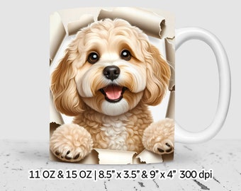 3D cockapoo dog hole in the wall Sublimation mug wrap Design, 11 oz & 15 oz mug design, Instant Digital Download, Commercial Use