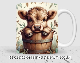 Diseño de sublimación de taza de vaca bebé de las Tierras Altas 3D para taza de café de 15 oz y 11 oz, plantilla PNG, descarga digital instantánea, uso comercial