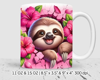 3D cute sloth hole in the wall Sublimation mug wrap Design, 11 oz & 15 oz mug design, Instant Digital Download, Commercial Use