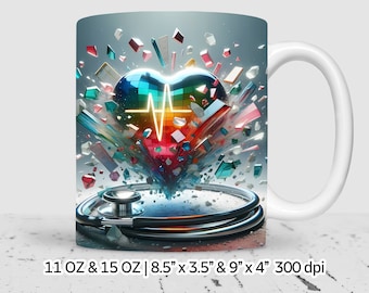 May include: White ceramic mug featuring a colorful heart design with a heartbeat line. The heart is made of mosaic tiles with a rainbow gradient. A stethoscope is at the base of the design. The mug is 8.5 inches x 3.5 inches and 9 inches x 4 inches.