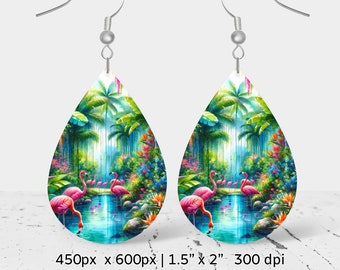 Summer pink flamingo Sublimation Earring Design png, Teardrop Earring design, Instant Digital Download, Commercial Use