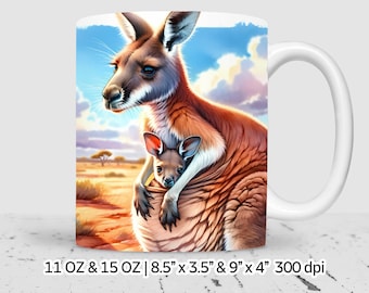 Mother day watercolor kangaroo mother and child Sublimation mug wrap Design png for 11 oz & 15 oz mugs, Digital Download, Commercial Use