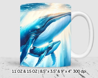 Mother day watercolor whale mother and child Sublimation mug wrap Design png for 11 oz & 15 oz mugs, Digital Download, Commercial Use