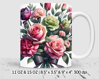 Mother day watercolor flower Sublimation mug wrap Design png for 11 oz & 15 oz mugs, Digital Download, Commercial Use