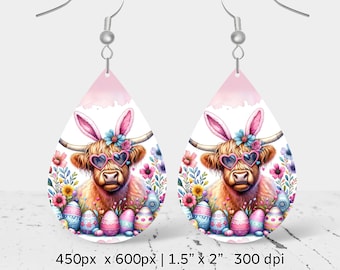 Easter watercolor cute highland cow Sublimation Earring Design, Teardrop Earring Blank design, Instant Digital Download, Commercial Use