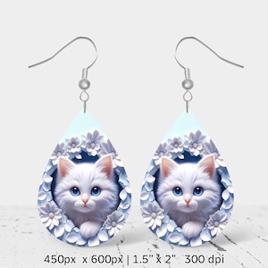Conception de boucle d'oreille sublimation chaton mignon 3D, conception de boucle d'oreille en forme de larme, conception 3D, téléchargement numérique instantané, usage commercial