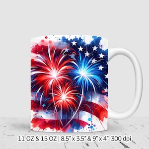Conception d'emballage de tasse à sublimation aquarelle 3D du 4 juillet, conception de tasse de 11 oz et 15 oz, téléchargement numérique instantané, usage commercial