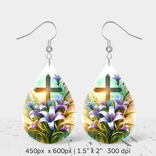 Easter watercolor lilies Sublimation Earring Design, Teardrop Earring Blank design, Instant Digital Download, Commercial Use