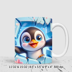 Diseño de taza de sublimación con un lindo pingüino en 3D en forma de agujero en la pared, de 11 oz y 15 oz, descarga digital instantánea, para uso comercial.