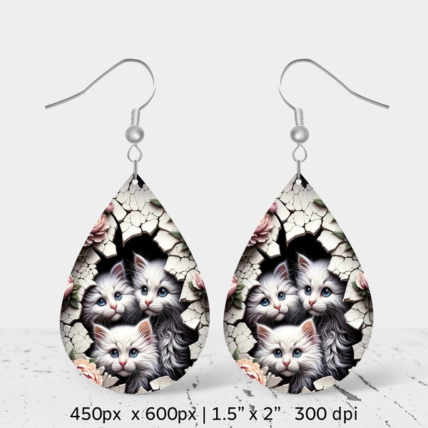 3D cute kittens Sublimation Earring Design, Teardrop Earring design, 3D Design, Instant Digital Download, Commercial Use