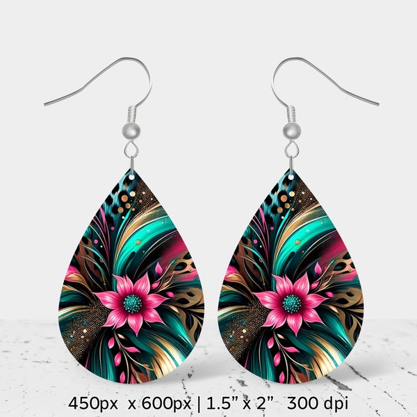 Pink flower and leopard pattern Sublimation Earring Design, Teardrop Earring Blank design, Instant Digital Download, Commercial Use