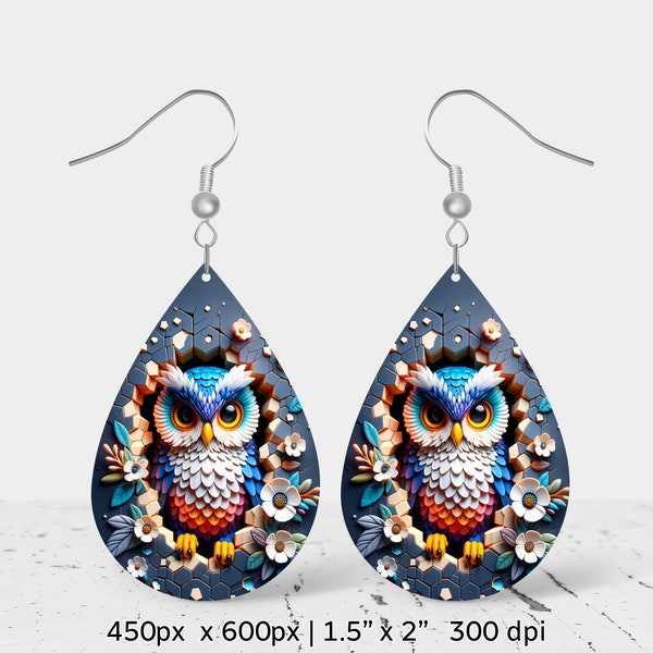 3D owl Sublimation Earring Design, Teardrop Earring design, 3D Design, Instant Digital Download, Commercial Use