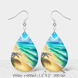 May include: A pair of teardrop-shaped earrings with a beach scene image. The image features a sandy beach with turquoise waves and a palm tree shadow. The earrings are 1.5 inches by 2 inches.