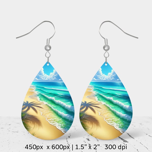 Tropical summer beach waves Sublimation Earring Design, Teardrop Earring Blank design, Instant Digital Download, Commercial Use