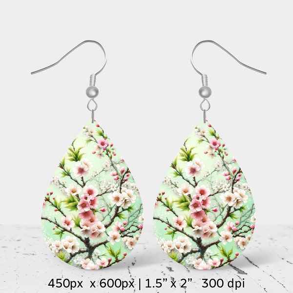 Watercolor cherry blossoms Sublimation Earring Design, Teardrop Earring Blank design, Instant Digital Download, Commercial Use