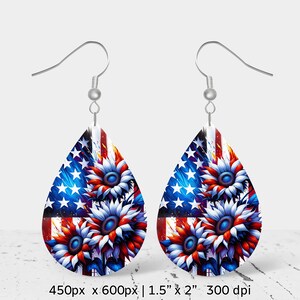 Sunflowers, 4th of July Sublimation Earring Design, Teardrop Earring Blank design, Instant Digital Download, Commercial Use
