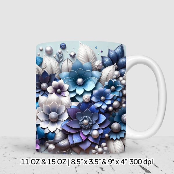 3D blue and white flowers Sublimation mug wrap Design, 11 oz & 15 oz mug design, Instant Digital Download, Commercial Use