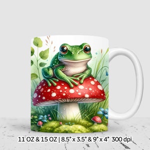 Emballage de tasse de sublimation d'aquarelle de champignon de grenouille, conception de tasse de 11 oz et de 15 oz, téléchargement numérique instantané, usage commercial