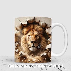 Design de caneca de sublimação com buraco de leão 3D na parede, design de caneca de 11 oz e 15 oz, download digital instantâneo, uso comercial