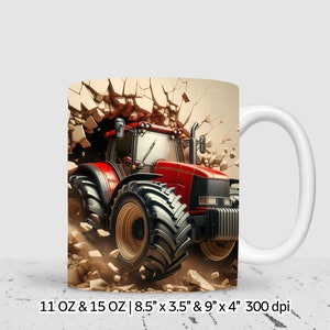 Tracteur 3D trou dans le mur Design d'emballage de tasse à sublimation, design de tasse de 11 oz et 15 oz, téléchargement numérique instantané, usage commercial