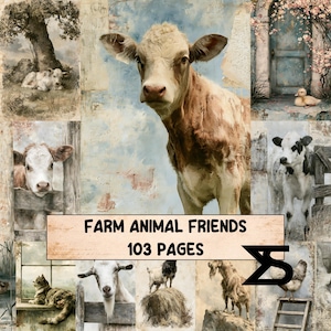 Könnte beinhalten: Eine Collage aus Illustrationen von Nutztieren mit Kühen, einer Ente, einer Katze, Ziegen und einem Huhn. Der zentrale Text lautet FARM ANIMAL FRIENDS 103 PAGES. Die Bilder haben eine Vintage-Ästhetik mit gedeckten Farben und Texturen.