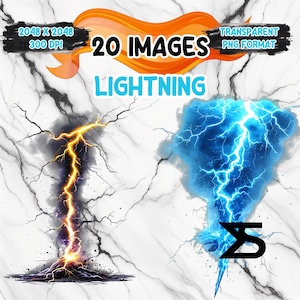 May include: 20 images of lightning bolts in a transparent PNG format. The images are 2048 x 2048 pixels and 300 DPI. The lightning bolts are in various colors, including blue, yellow, and white. Some of the bolts are surrounded by clouds.